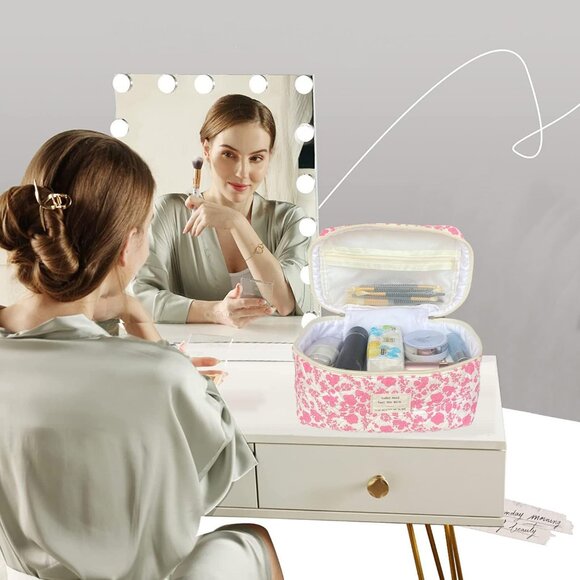 Pink Large Quilted Floral Makeup Bag Cute Soft Coquette Aesthetic Cosmetic Bag C - Picture 6 of 6